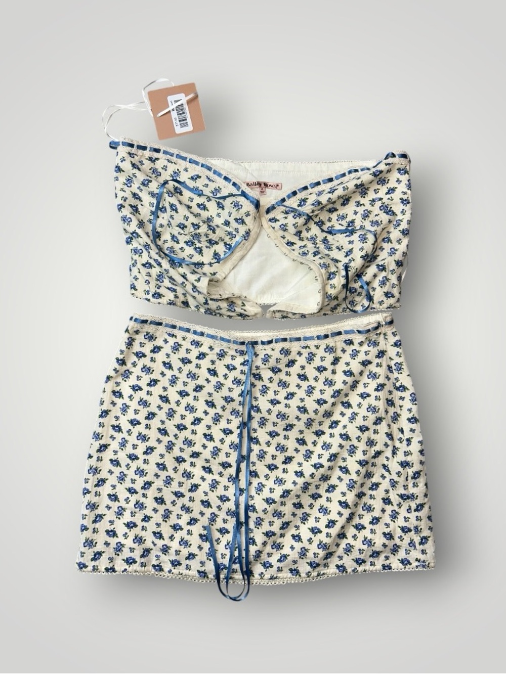 Cream and Blue Floral Two-Piece Chemise Set